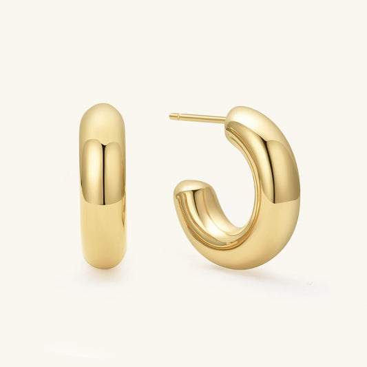 Gold tube hoop earrings with hollow rounded profile, 19 mm, post-back
