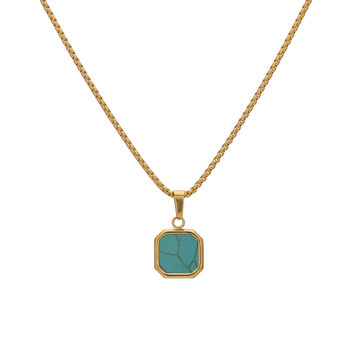 Gold-tone necklace with small turquoise square stone pendant on a chain