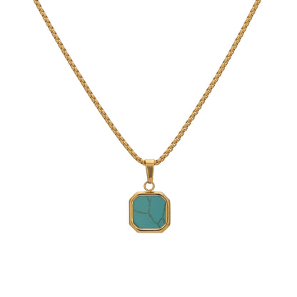 Gold-tone necklace with small turquoise square stone pendant on a chain