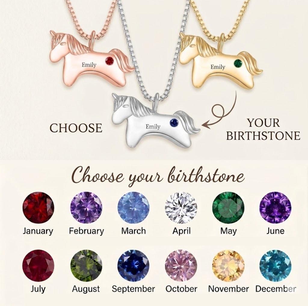 Choose your birthstone for the unicorn necklace, with gemstone options shown