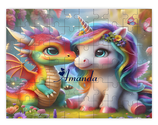 Unicorn and dragon wooden jigsaw puzzle fully assembled with colorful fantasy artwork