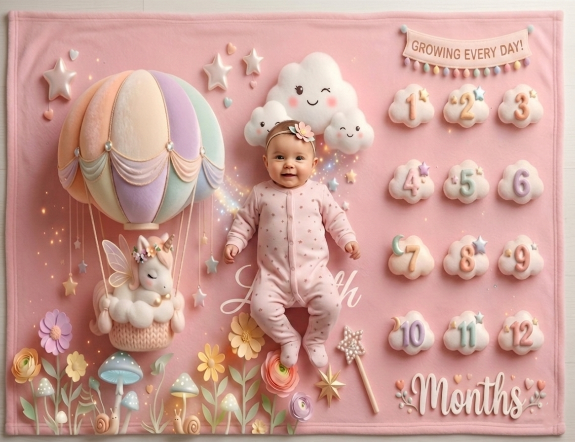 Pink milestone blanket close-up with unicorn balloon art and 1–12 months ornaments