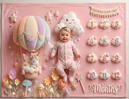 Pink milestone blanket close-up with unicorn balloon art and 1–12 months ornaments
