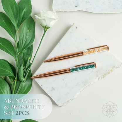 Abundance and prosperity crystal pen set with 2 copper pens and teal stone accents