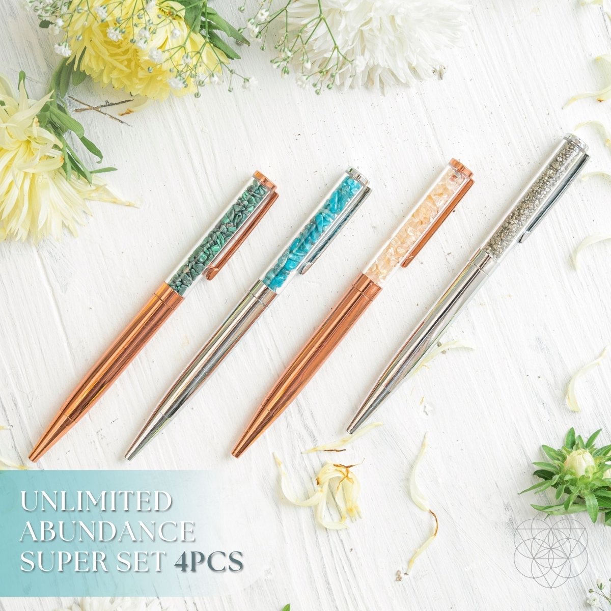 Crystal pen set with 4 writing pens in copper, teal, and silver finishes