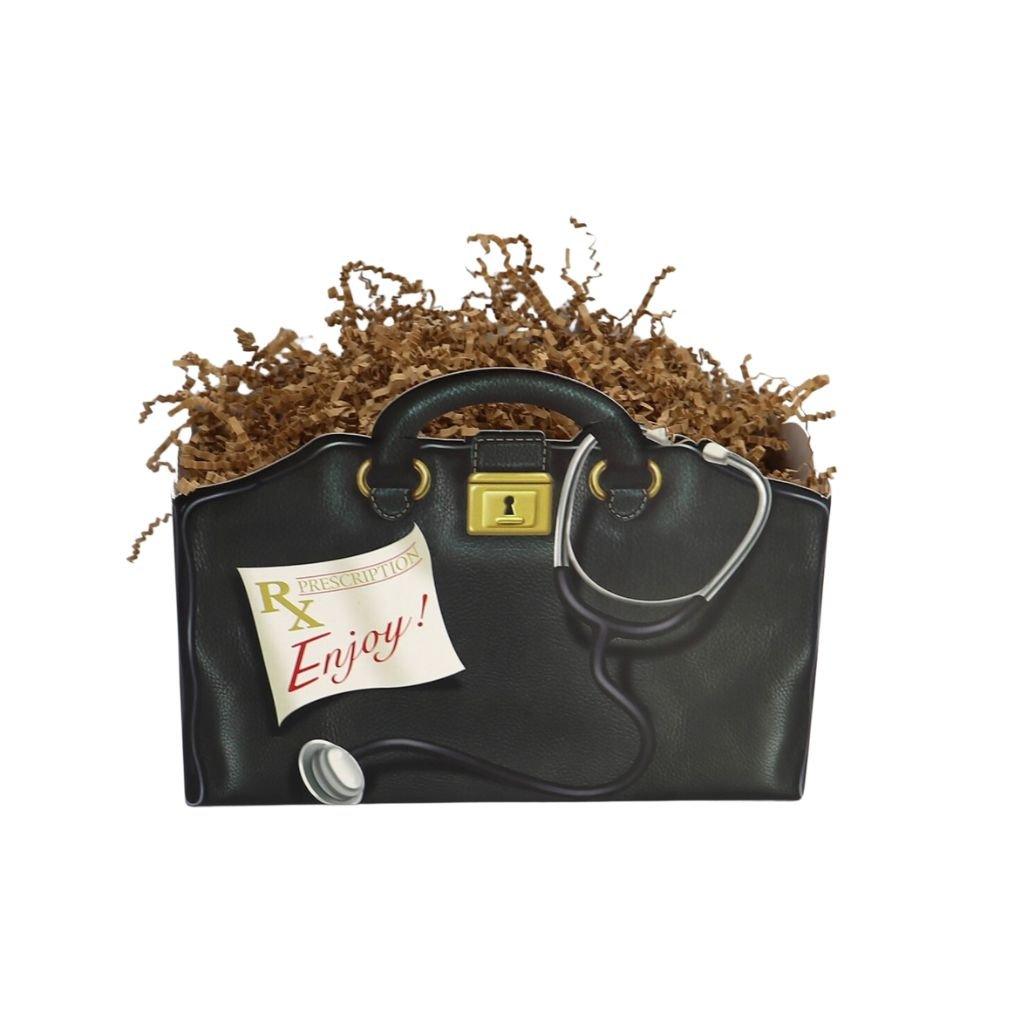 Black care package tote with stethoscope, Rx Enjoy tag and tea items