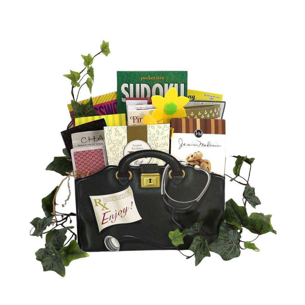 Care package gift basket with black tote, tea boxes, cookies and yellow flower accent