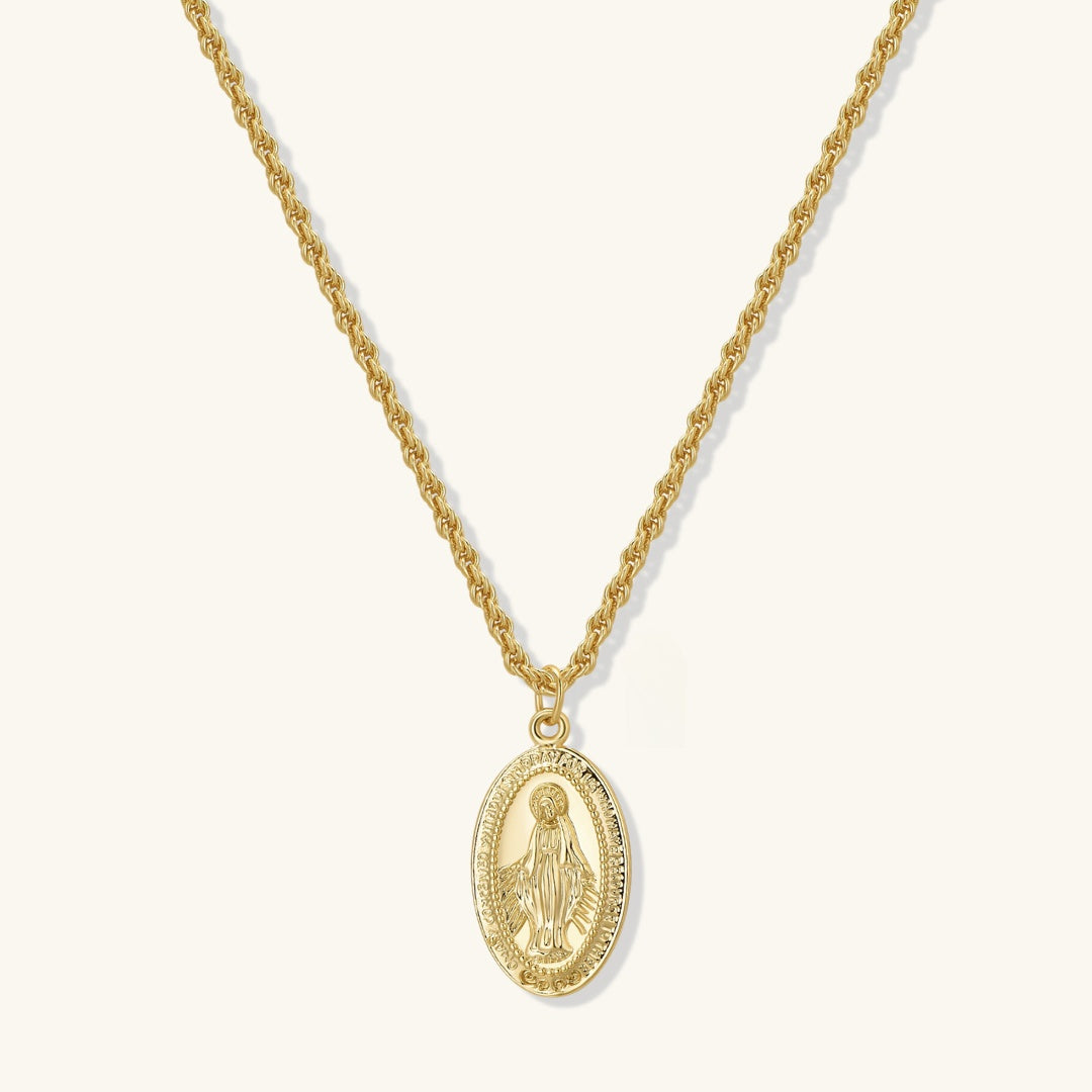 Gold rope-chain pendant necklace with oval Virgin Mary medallion
