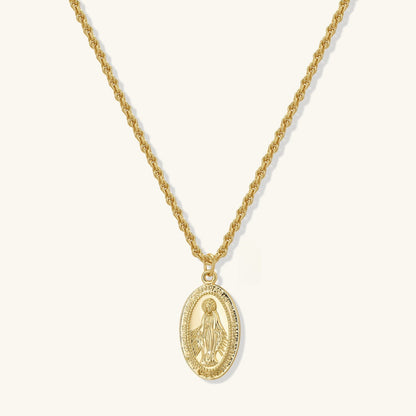 Gold rope-chain pendant necklace with oval Virgin Mary medallion