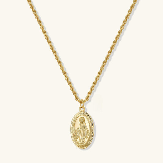 Gold rope-chain pendant necklace with oval Virgin Mary medallion
