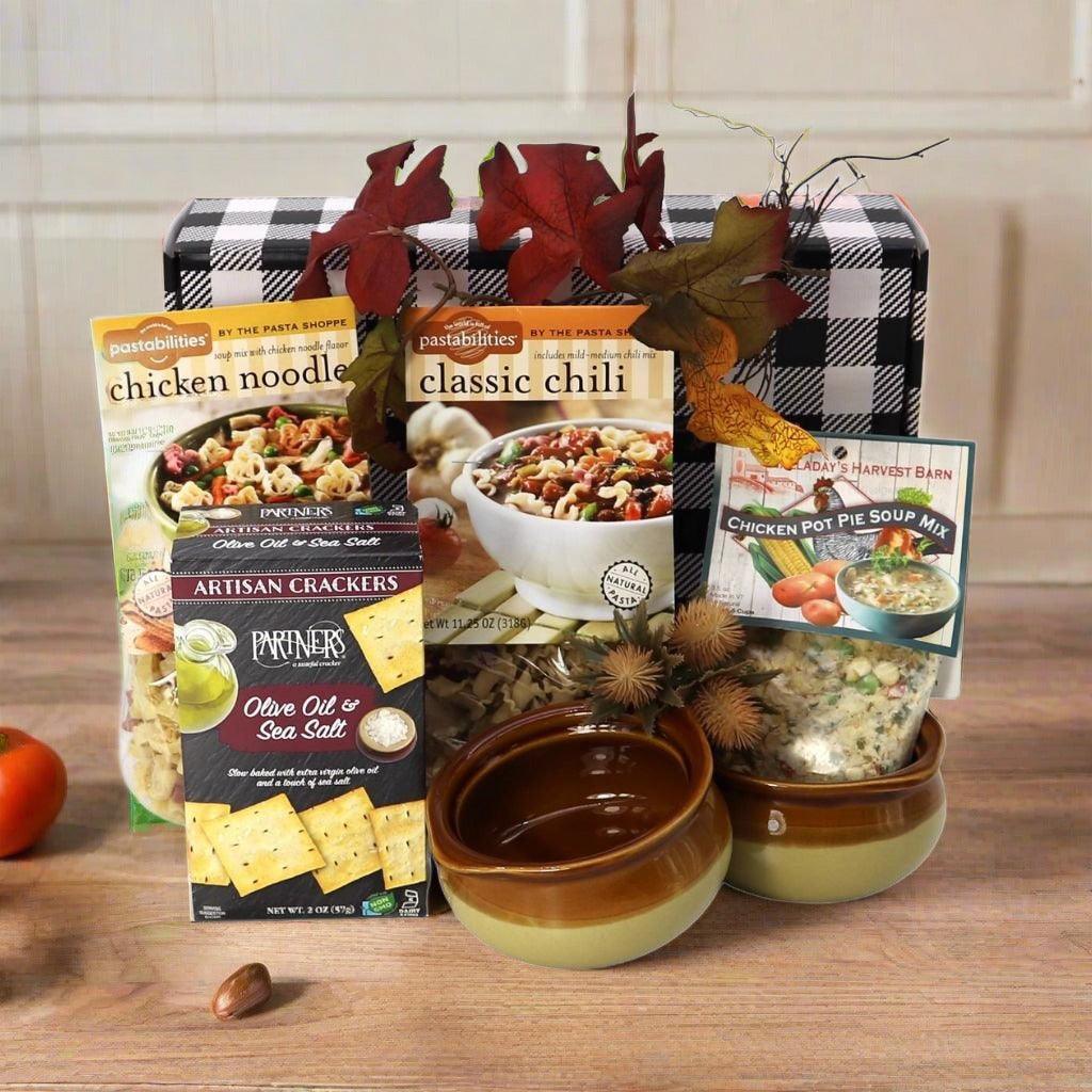 Warm and Cozy Gift Box with plaid liner, two soup bowls, soup mix packets, and crackers