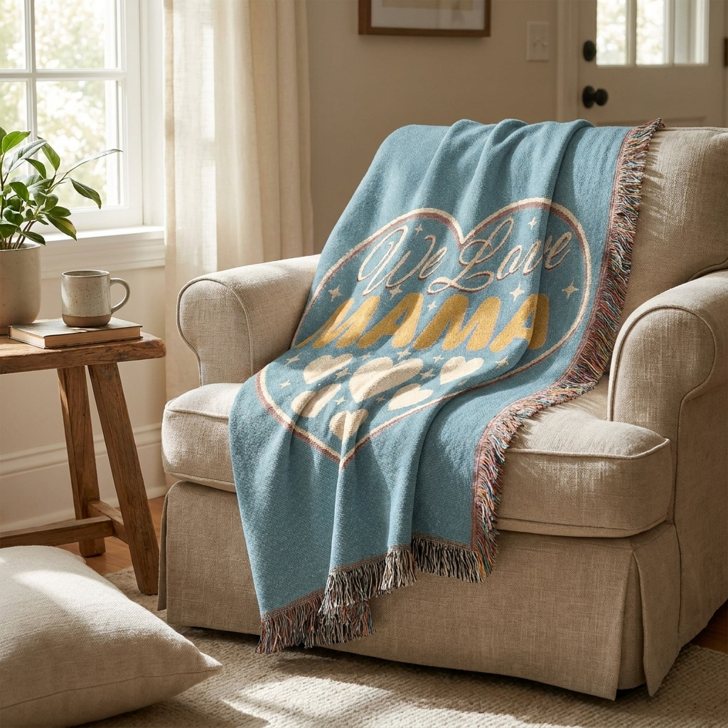 We Love Mama Woven Cotton Blanket – Retro Boho Heart Design | 100% Cotton with Fringed Edges | 3 Sizes | Mother’s Day Gift for Mama