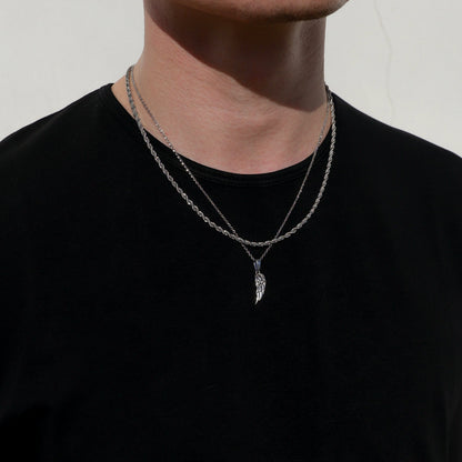 Silver angel wing pendant necklace set with slim twist rope chain