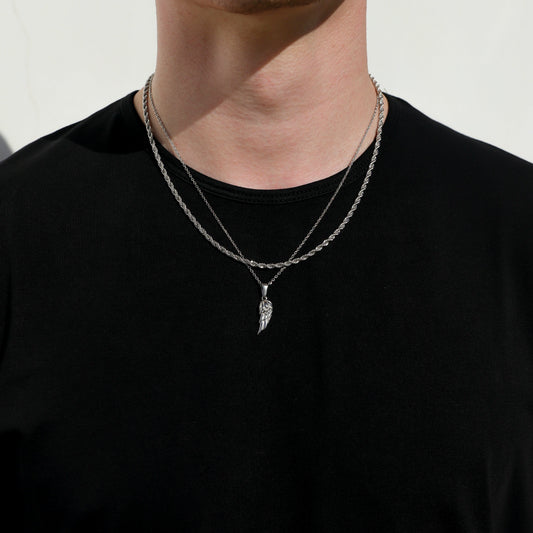 Silver angel wing pendant on twist rope chain, layered look