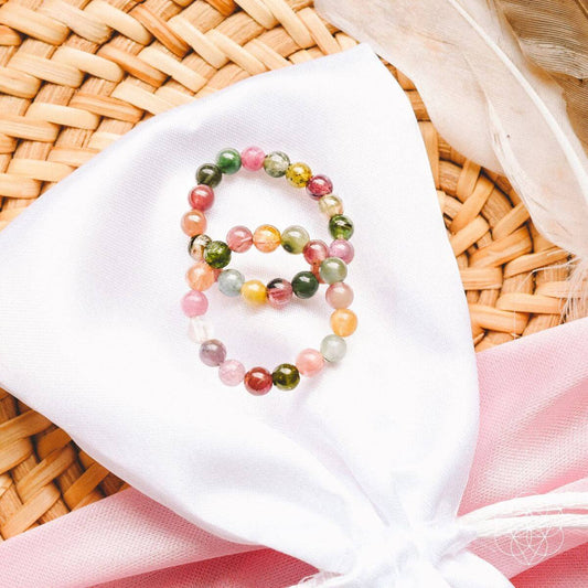 Beaded ring set with multicolor gemstone-style beads in stacked round bands
