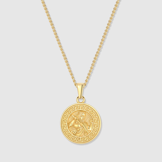 Gold lightning pendant necklace with round medallion charm on link chain